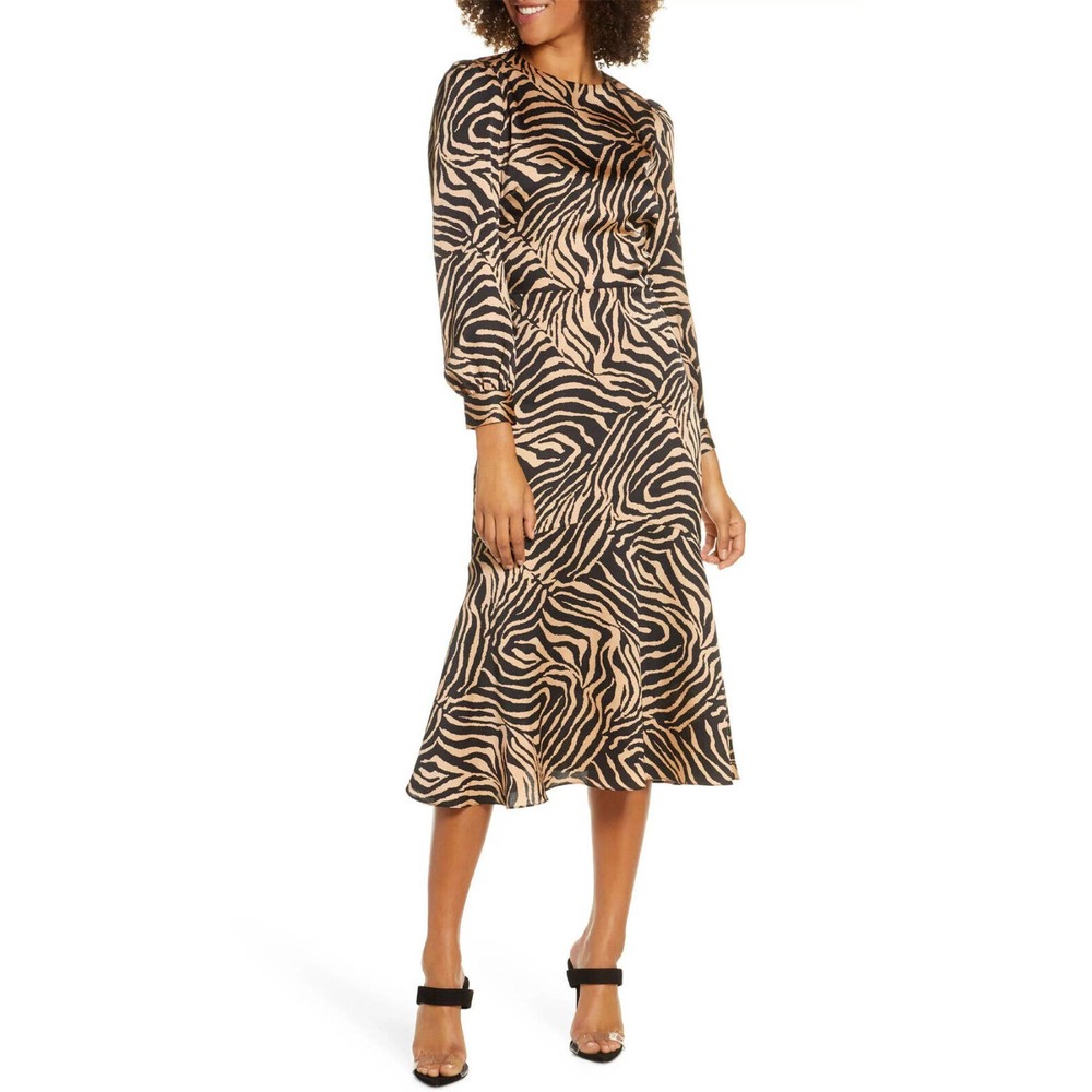 CHELSEA28 Print Long Sleeve Midi Dress animal print satin zebra L